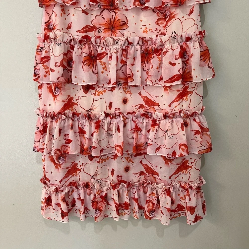 Badgley Mischka Tiered Ruffle Floral Dress Pink Mini Size 10 RTR Designer - Picture 6 of 14
